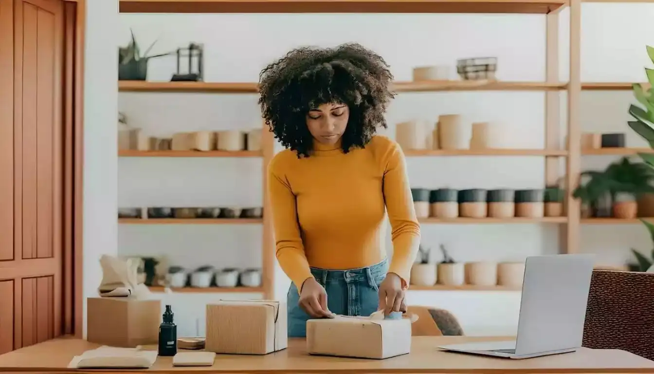A woman prepares a package for shipment.